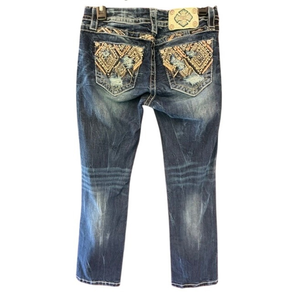 Miss Me Easy Crop Jeans Womens 27 Blue Excellent Distressed Embellished Mid Rise